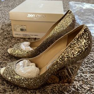 Authentic Jimmy Choo gold glitter bello wedge!
